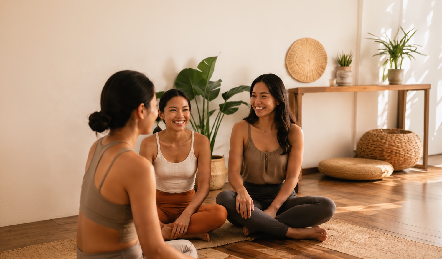 Women gathered together in a bright, plant-filled room