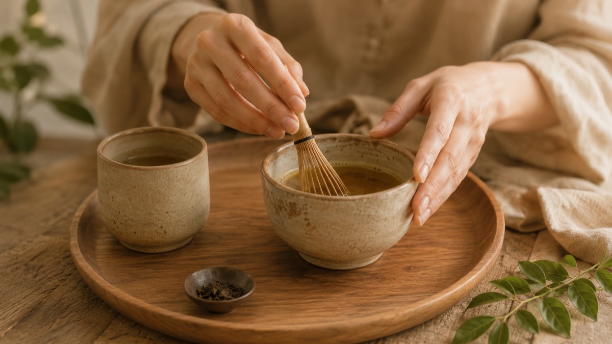 Hands whisking matcha in a ceramic bowl on a wooden tray