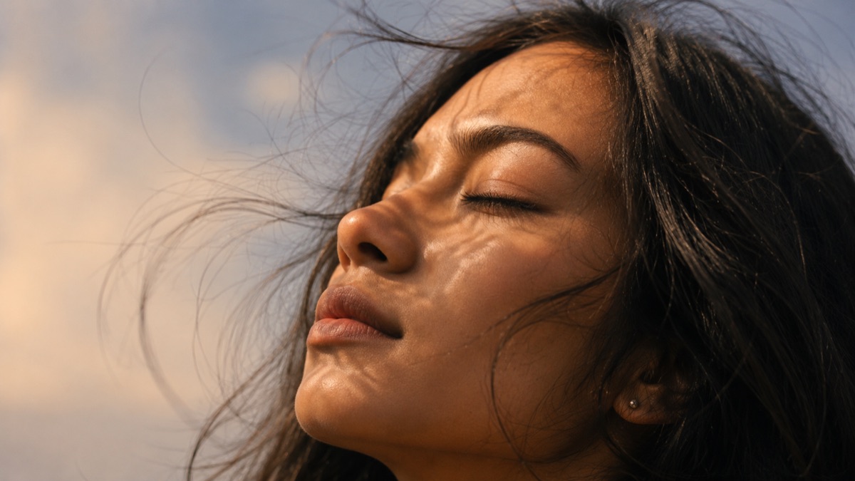 A woman with her eyes closed, face turned toward an open sky