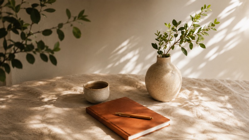 A ceramic vase with greenery beside a notebook and pen