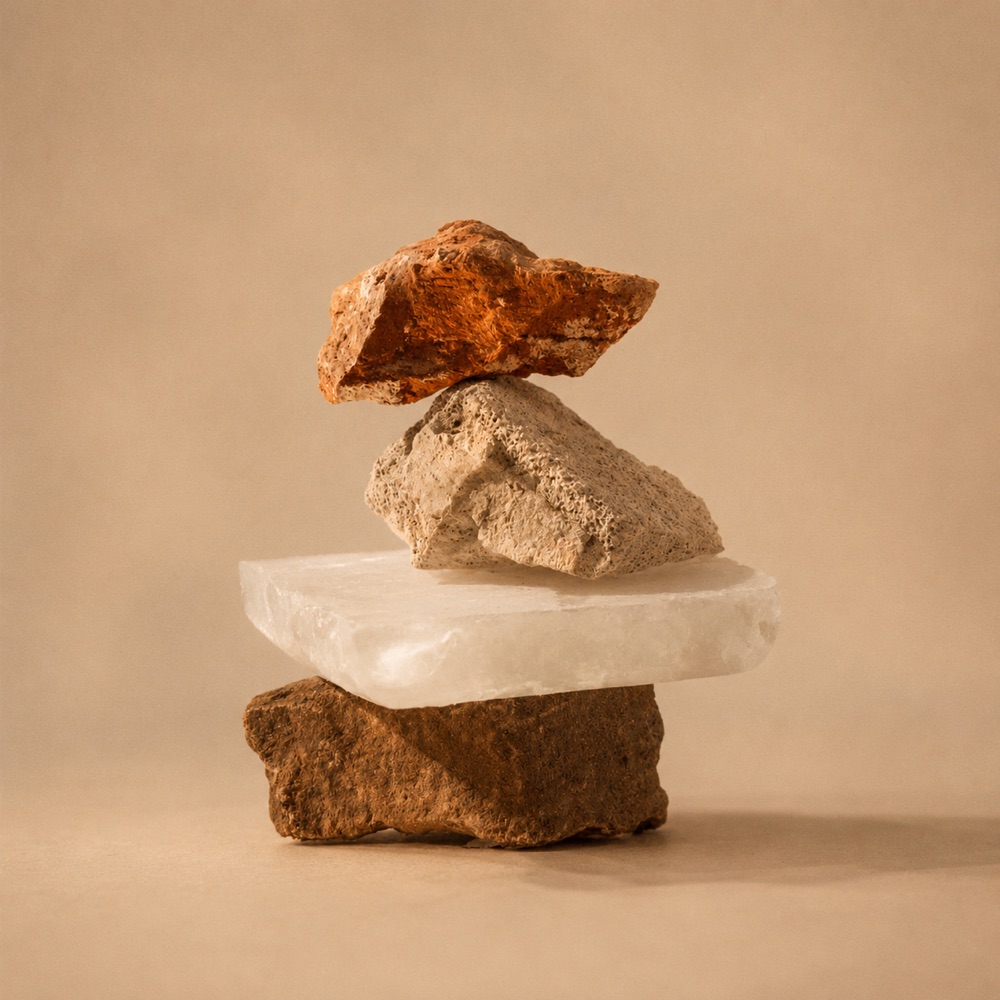 Balanced stones stacked on a pale salt slab