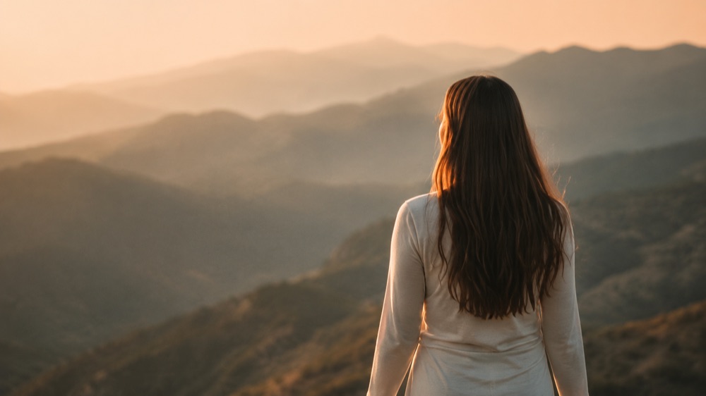 A woman looking out over layered hills at sunrise